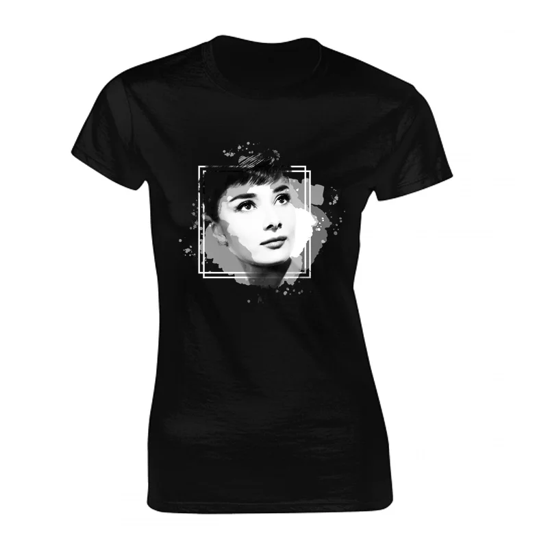 

Women's Contton Short Sleeve T Shirt White/Black Customized Photo Name Printed Audrey Hepburn