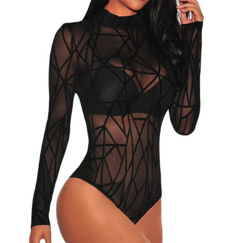 Женский сексуальный прозрачный сетчатый кружевной комбинезон с геометрическим