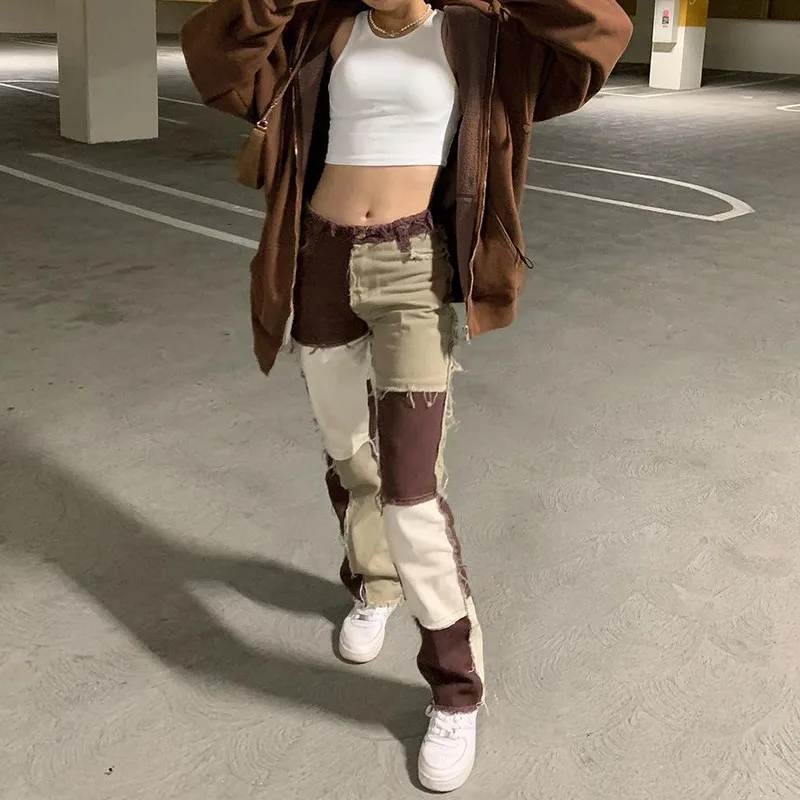 2021 Brown Straight Jeans For Girls Female Fashion Patched Women Vintage Denim Pants New High Waisted Trouser Harajuku Capris