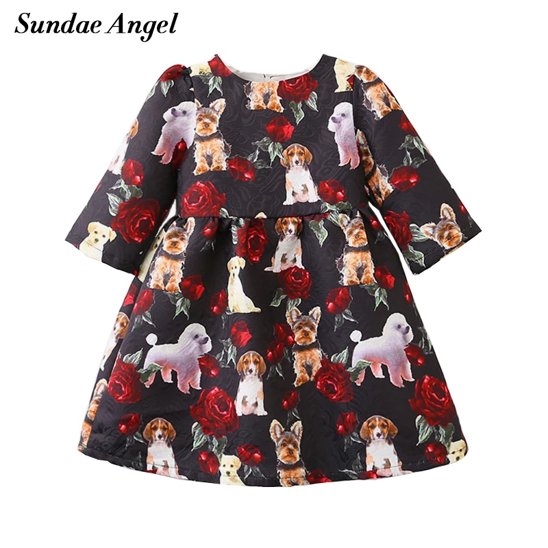 Sundae Angel Girls Dress 2021 Harf Sleeve Print Animal Dog Pattern Spring Autumn Princess Dresses Kids Clothes For 3-8 Years | Детская