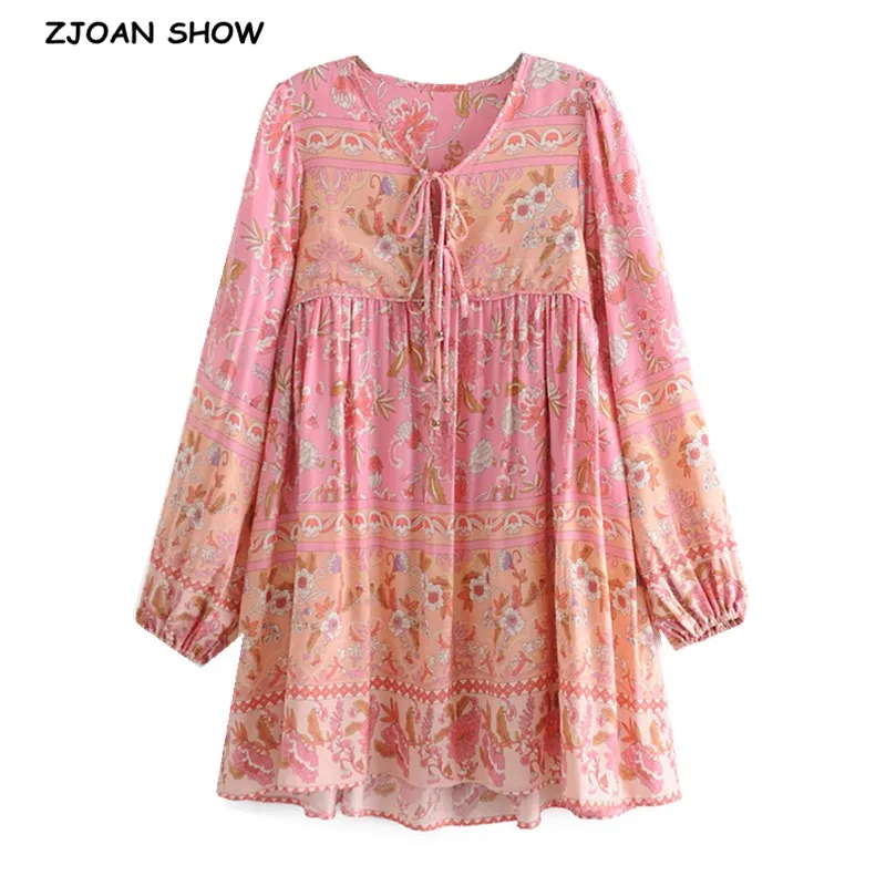 

2021 Spring Bohemia Ball Tassel Lacing up V neck Floral print Dress Ethnic Woman Long Sleeve Short Strappy Dresses Holiday