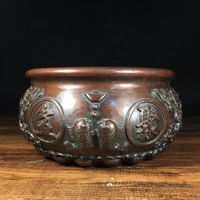 7chinese folk collection old bronze cinnabar lacquer treasure bowl bat pattern incense burner gather wealth office ornaments