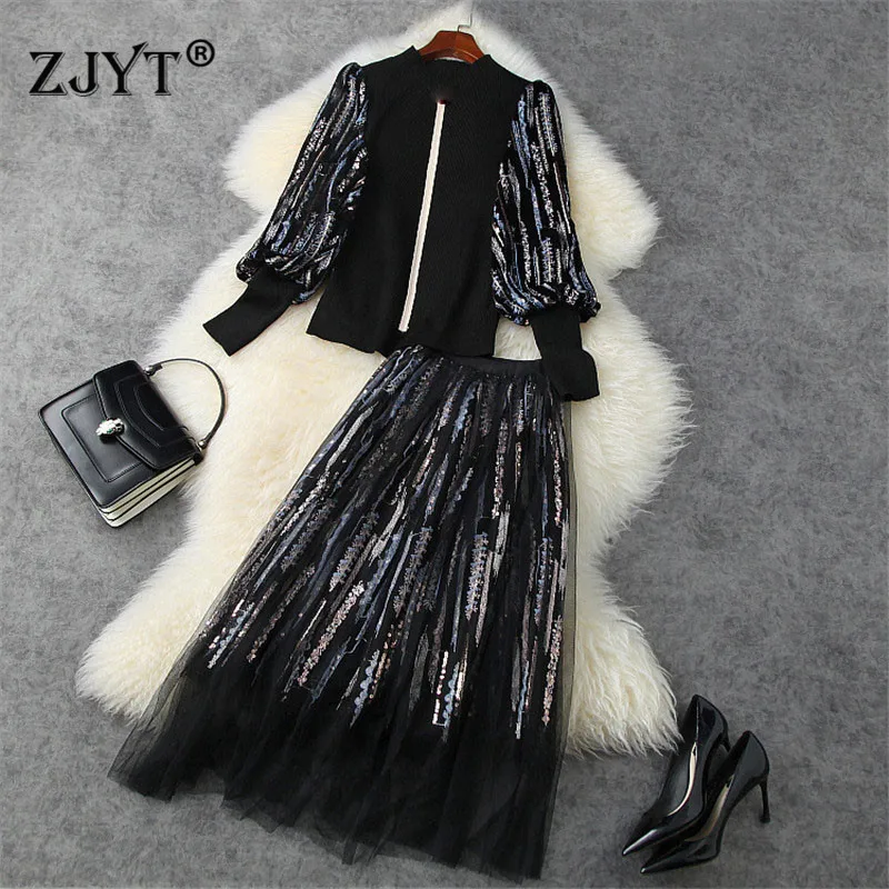 Fashion Women's Fall Winter 2 Piece Dress Set Runway Designer Lantern Sleeve Sequined Knit Top with Mesh Skirt Suit Party Outfit