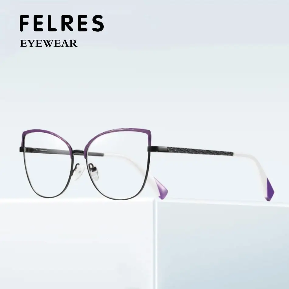 

FELRES Women Metal Frame Optical Glasses Brand Design Anti-Blue Light Eyewear Ladies Classic Cats Eye Alloy Glasses F3024