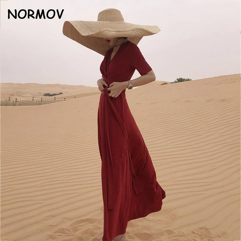 

NORMOV Hepburn Style Women Long Dress V Neck Summer Dress Ladies Vintage Beach Party Dress Female Office Lady Casual Vestido