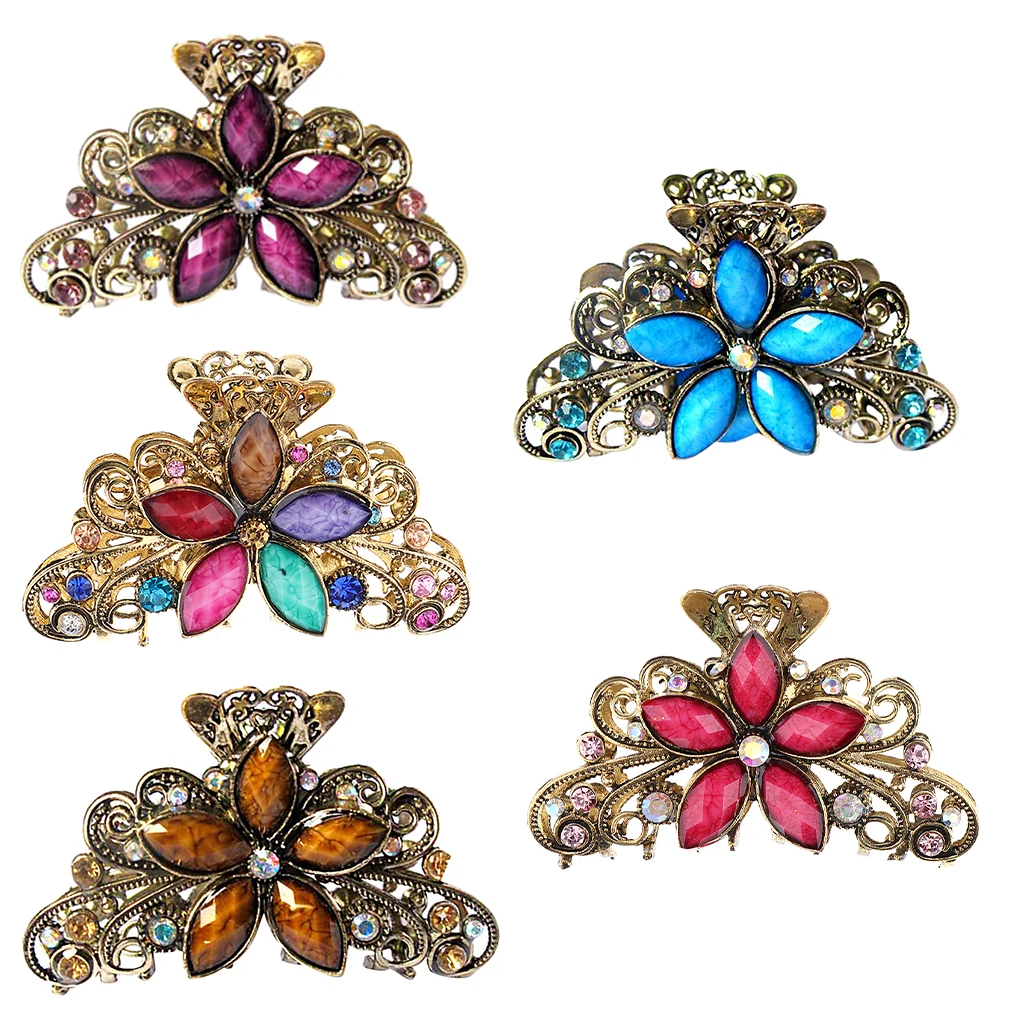 

Retro Gold Delicate Crystal Butterfly Flower Design Hair Grip Claw Clamp Hair Metal Alloy Clip Headwear