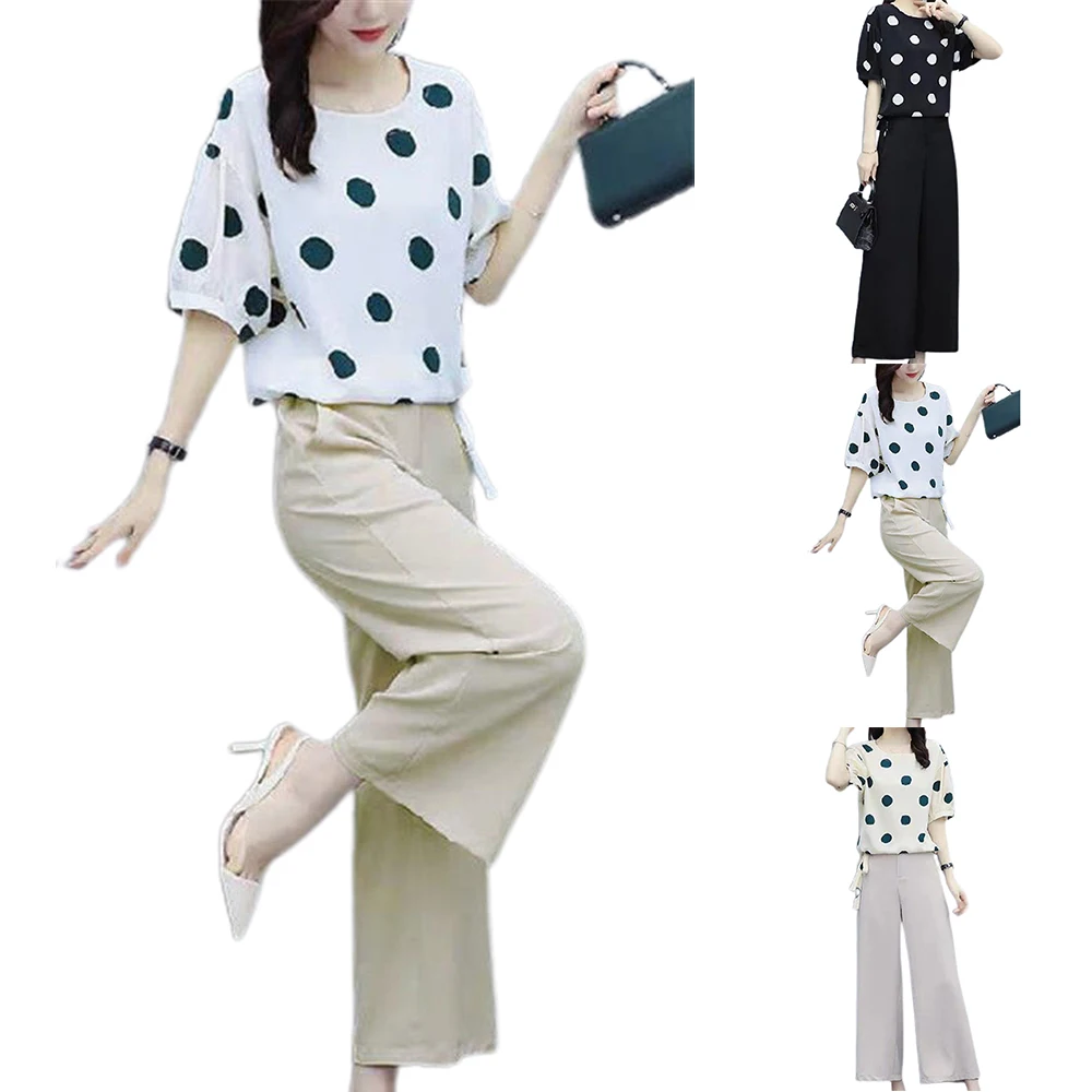 

Womens Polka Dot Short Sleeve T-Shirt Tops Wide Leg Pants 2PCS Set Outfit Summer