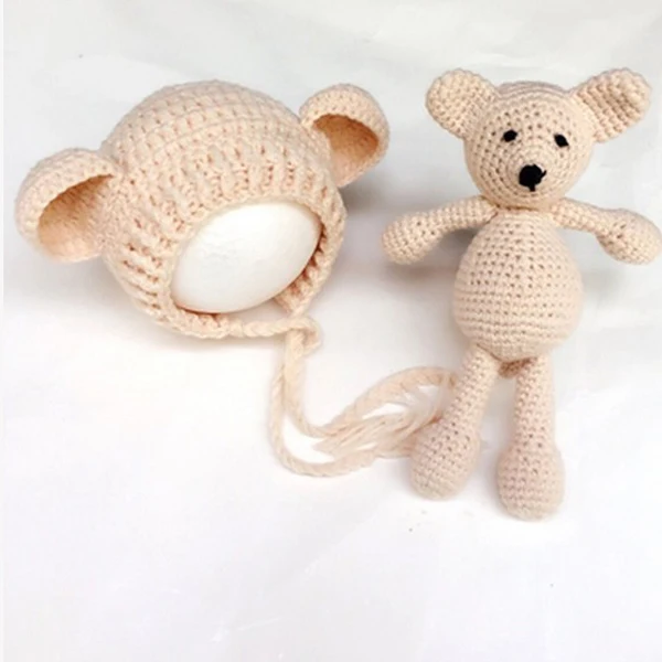 Baby Bear Bonnet Photography Props Knitted Teddy Hat Crochet Newborn Flower Girl Photo Prop Cotton | Детская одежда и обувь
