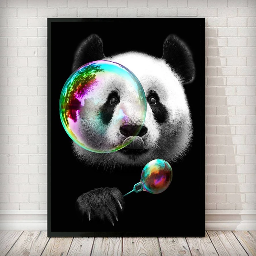 

Nordic Panda Funny Blowing Bubbles Abstract Canvas Painting Wall Art Print Animal Panda Home Decor Living Room Home Decoration