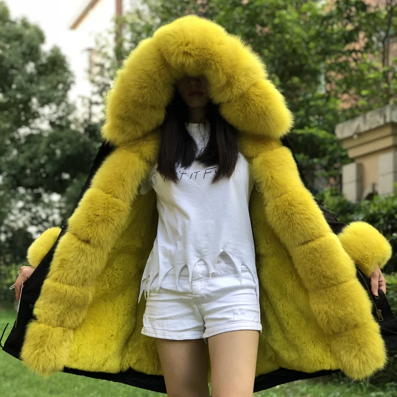 Fandy lokar натуральный мех пальто для женщин зимняя куртка Лисий с капюшоном кролика