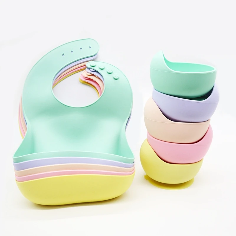 

3 Pcs Baby Newborn Bibs+Suction Dish Bowl Plate+Spoon Set Feeding Tableware Kit