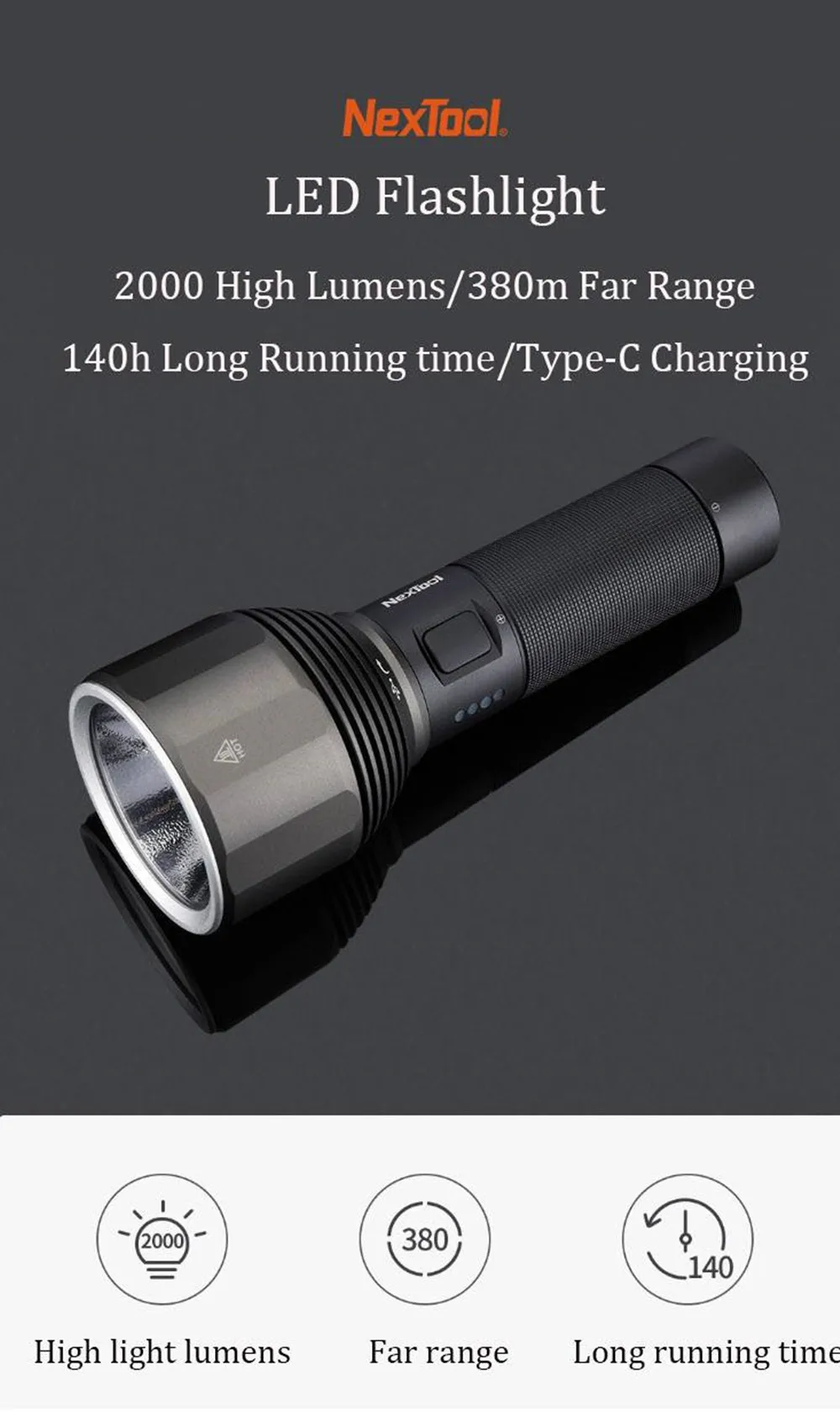 XIAOMI Youpin NexTool 2000lm вспышка светильник фонарь для поиска 380 м 5 режимов IPX7 перезаряжаемый водонепроницаемый светильник светодиодный тип-c для кемпинга