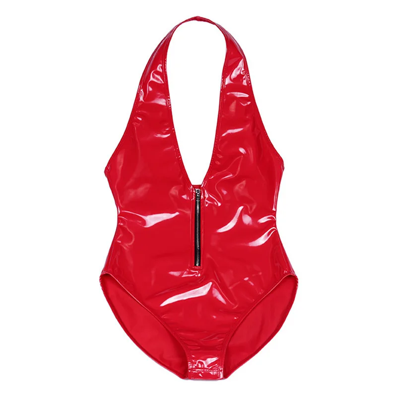 

Halter Deep V-neck Backless Sexy Swimwear Wet Look PVC Catsuit Shiny Cosplay Swimsuit Bathing Bodysuit Sukumizu Body Suit Tops