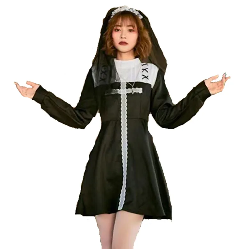 

Black Adult Female Missionary Cosplay Women Halloween Sister Nun Costumes Carnival Purim Parade Stage Show Role Play Party Dress