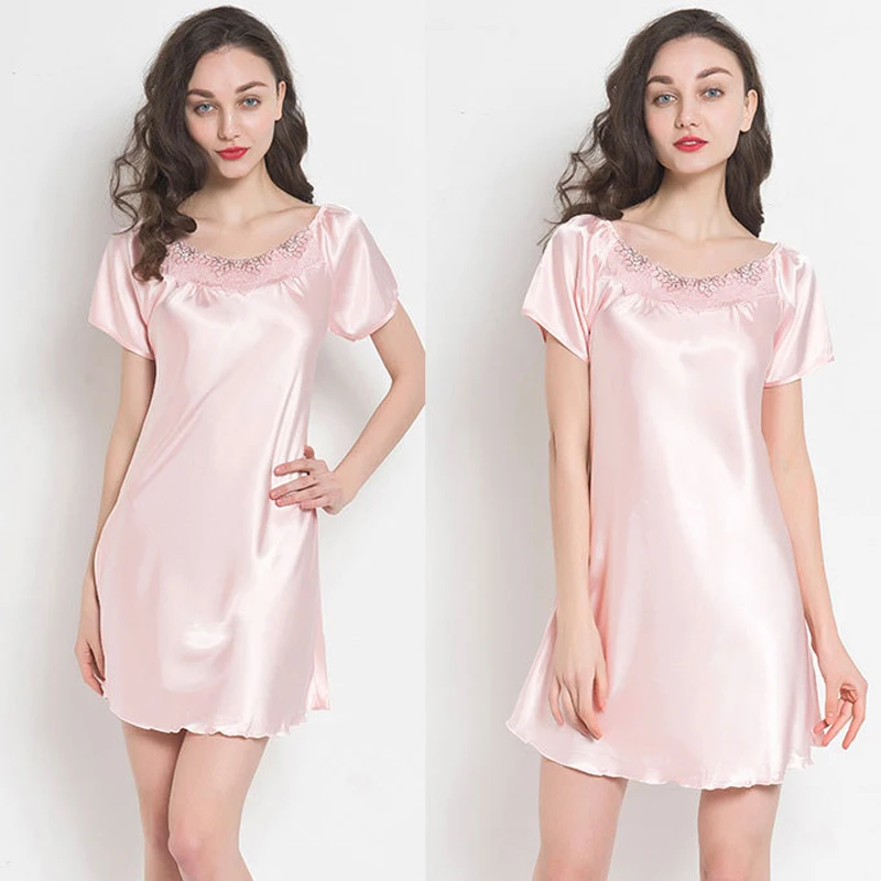 

Silk Pajamas For Women Pajama Sexy Summer Nightgown Lace Set Round Collar Imitation Homewear Sleepwear Dressing Gown Female 2021