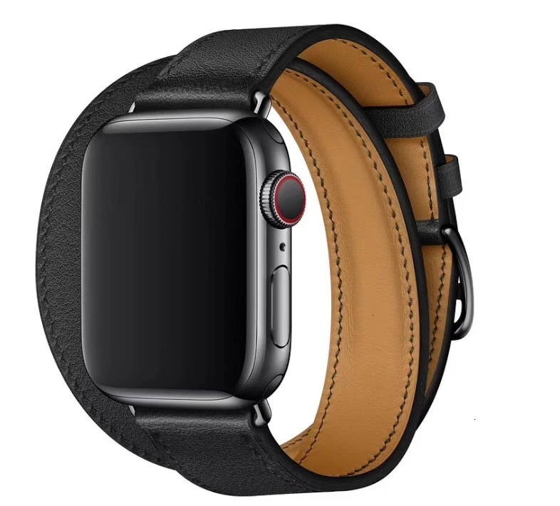Black black buckle Кожаный двойной ремешок для Apple Watch 44 мм iwatch, браслет серии 5 4 3 2 1, Смарт 42 мм, петля 38 мм, замена 40 мм - Цвет ремешка: Black black buckle