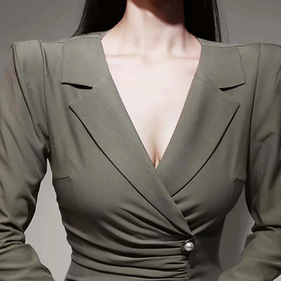 

Occupation Office Lady Dress 2021 Spring Fashion Single Row Of Decorative Buttons Folds High Waist Tight Elegant Party Dress