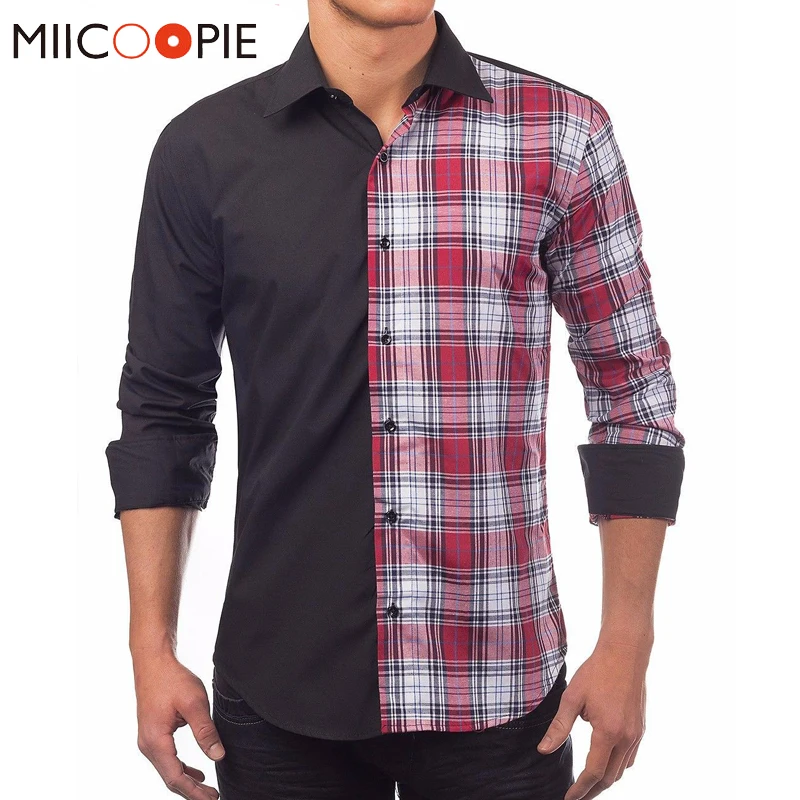 

Red And Black Plaid Shirt Men Top Fashion Patchwork Long Sleeved Mens Checkered Shirts Blouses Hip Hop Street Wear Men Clothing