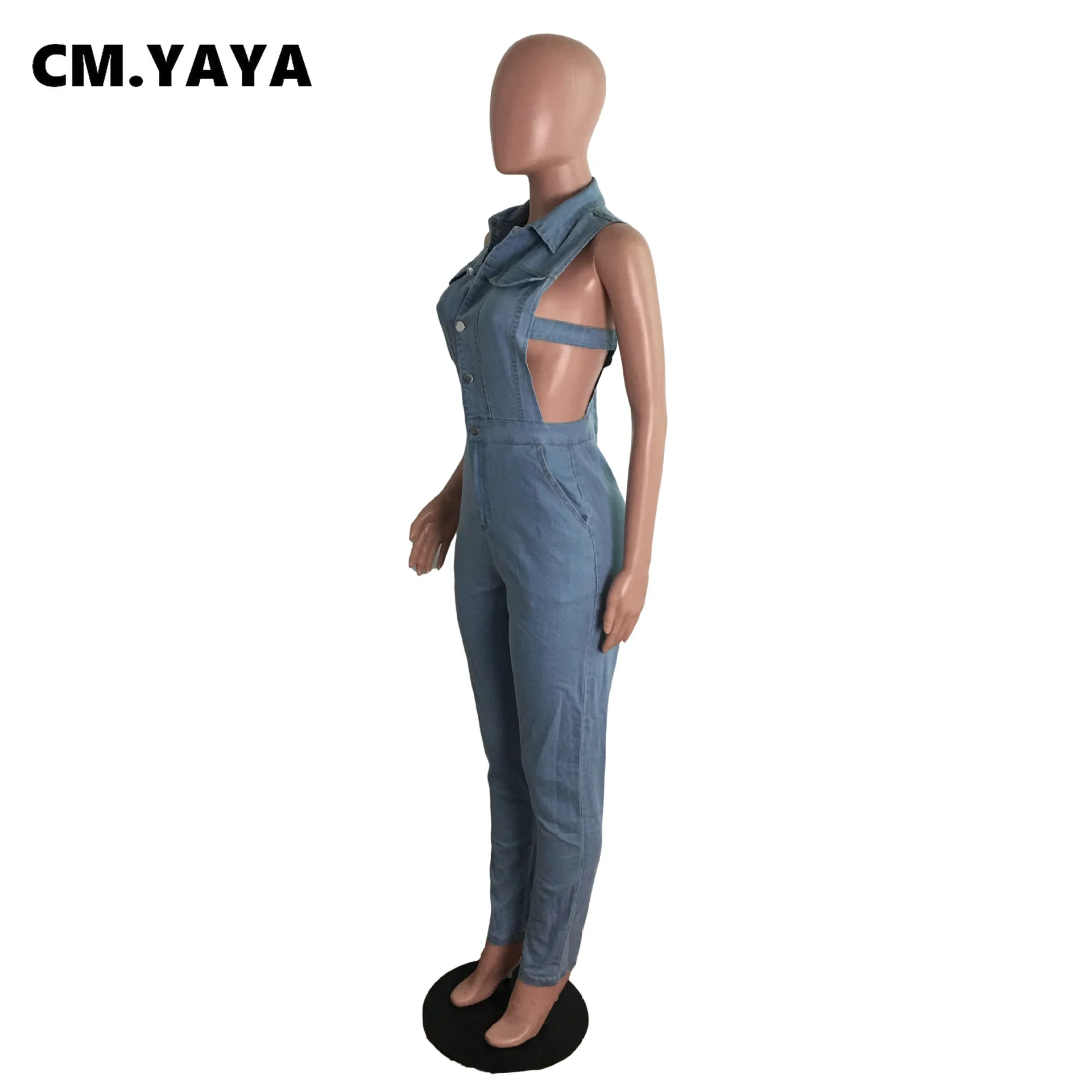 Женский джинсовый комбинезон CM.YAYA однобортный эластичный без рукавов с отложным