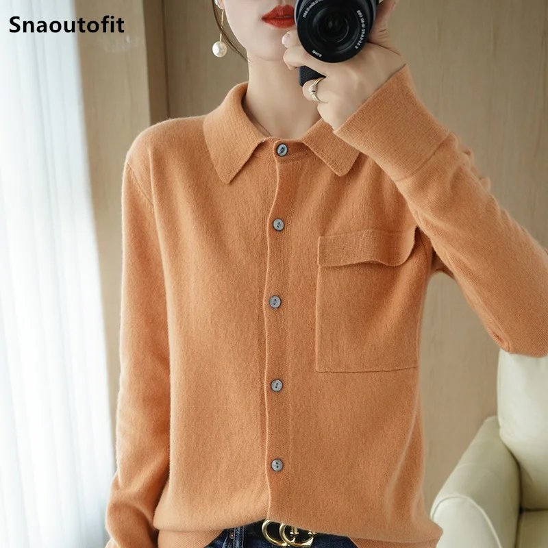 

2021 Spring Autumn Best Selling New 100% Pure Wool Cardigan Women's POLO Collar Solid Color Wild Loose Knit Sweater Coat Top XXL