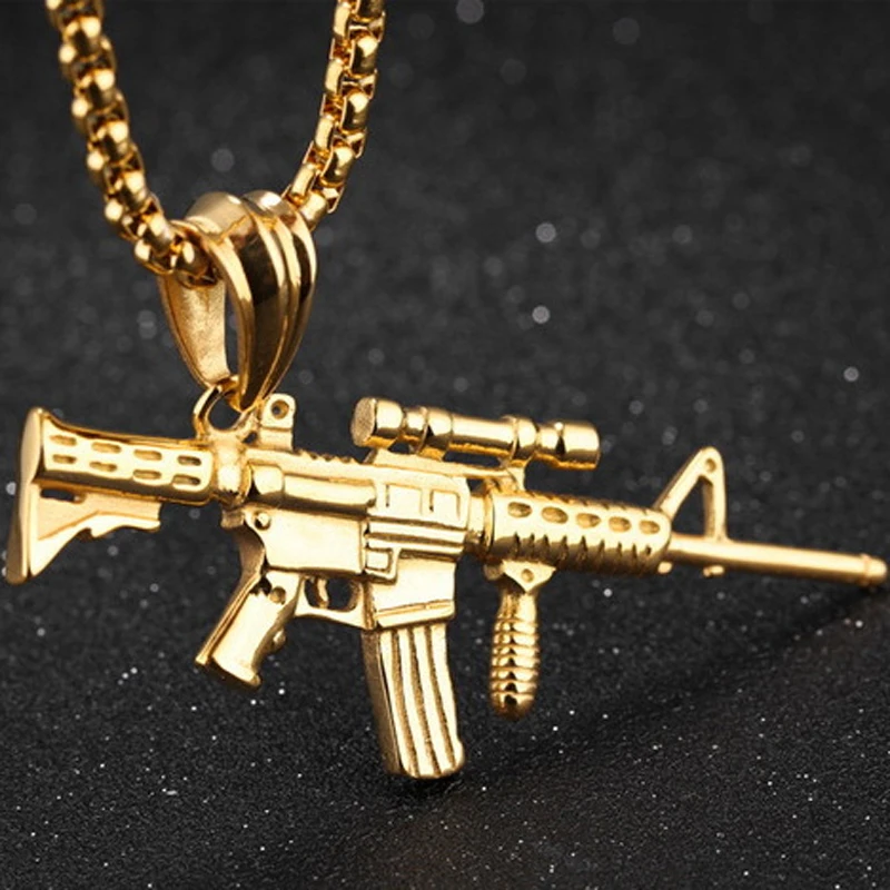 Ожерелье с подвеской из металлического сплава AK47, со льдом, стразы, золото, серебро, длинная цепочка, ожерелье для женщин и мужчин, хип-хоп ювелирные изделия - Окраска металла: FN044G