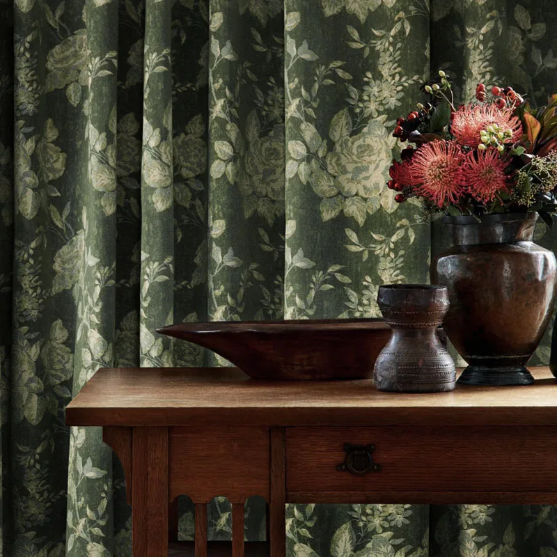 

Blackout Curtains for Living dining room bedroom Chenille American Country European EmbroideredDark Green Luxury Book Curtain