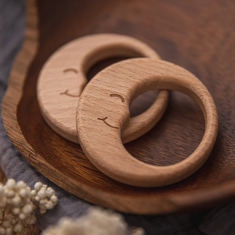 

1/5Pc Baby Teether Pacifier Chain Pendant Beech Wooden Moon BPA Free Wood Teething Ring Pendant Accessories Children's Goods Toy
