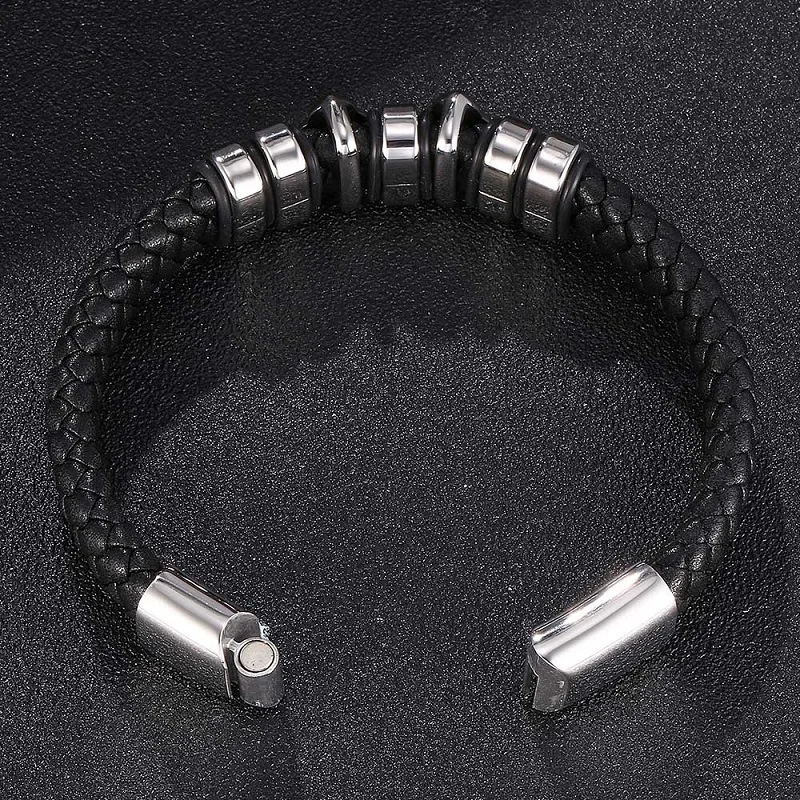 Модный черный плетеный кожаный браслет мужские аксессуары из нержавеющей стали