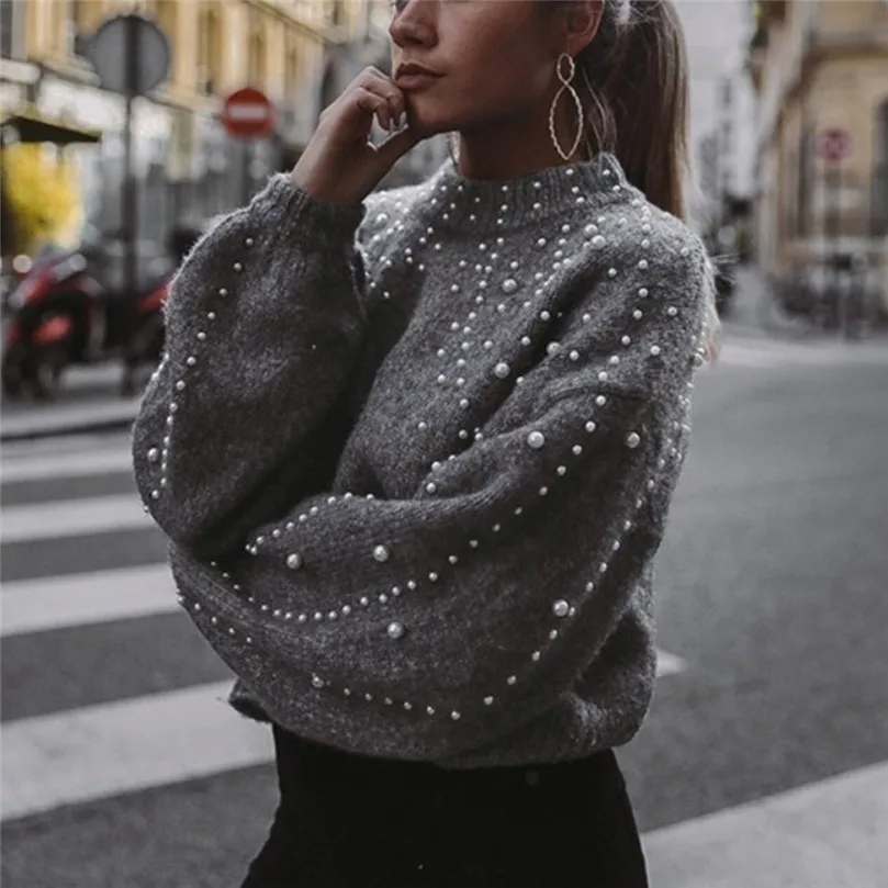 Casual Winter Warm Soft Turtleneck Knitted Sweaters Women Lantern Sleeve Pearl Beading Jumper Sweater Female Loose Gray J23 | Женская
