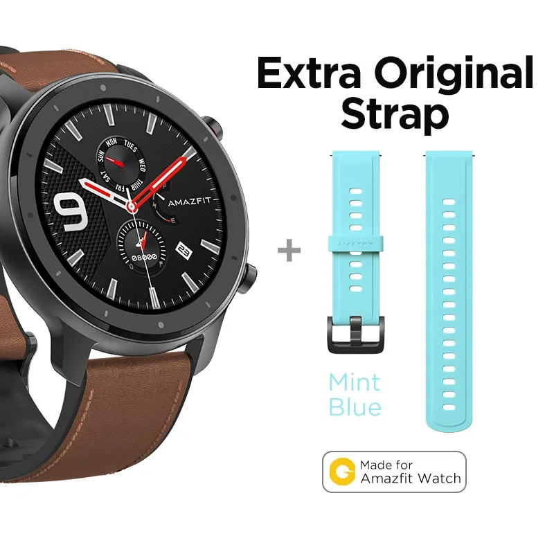 A-Extra MTblue Strap Глобальная версия Amazfit GTR 47 мм Смарт-часы 5ATM водонепроницаемые Смарт-часы 24 дня батарея управление музыкой кожаный силиконовый ремешок - Цвет: A-Extra MTblue Strap