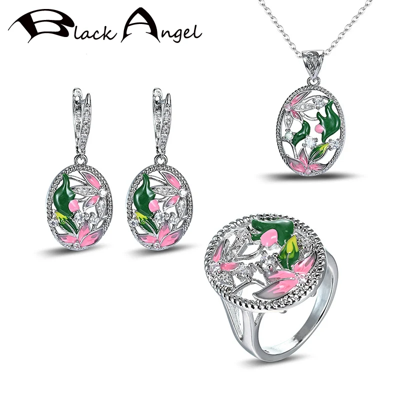 

BLACK ANGEL Fashion Jewelry Set Handmade Colorful Enamel Flowers 925 Silver Sparkling CZ Ring Necklace Dangle Earrings for Women