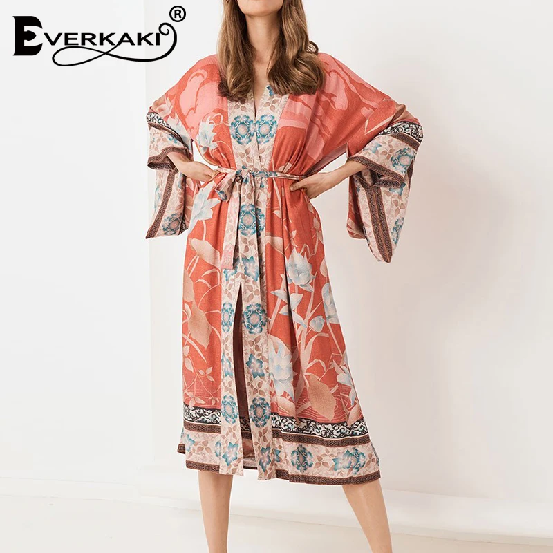 Everkaki Boho пальто кимоно женское с поясом Цыганский принт свободное богемное 2019