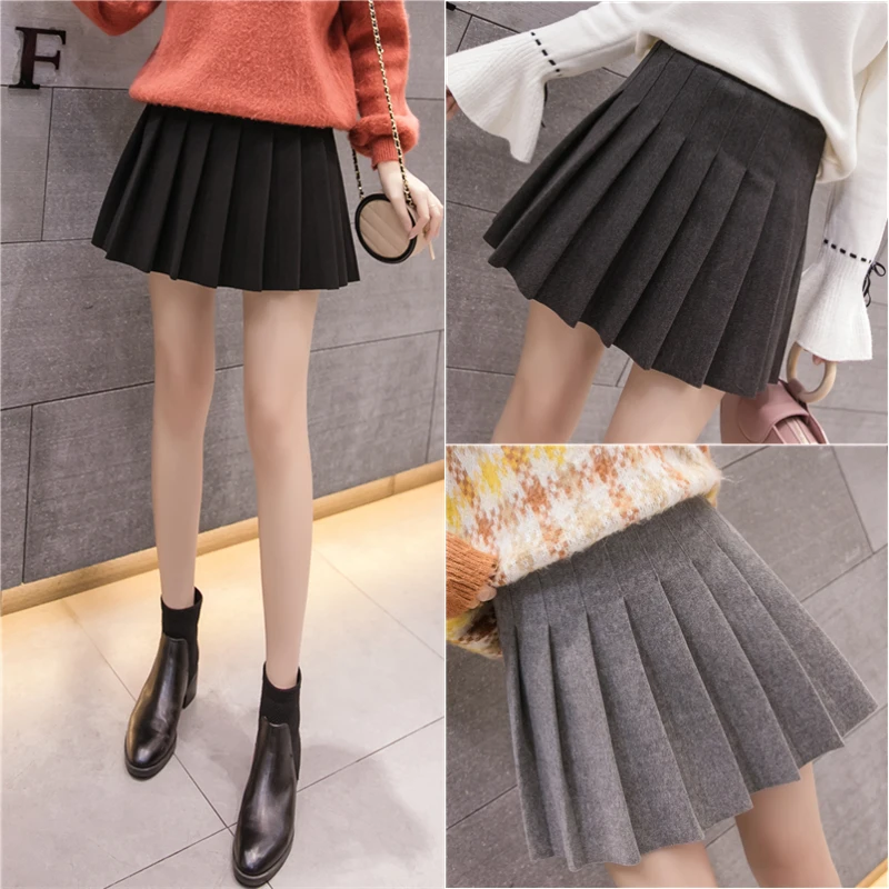 

Autumn and winter new Korean style high waist woolen pleated skirt college style fashion all-match elastic waist skirt faldas