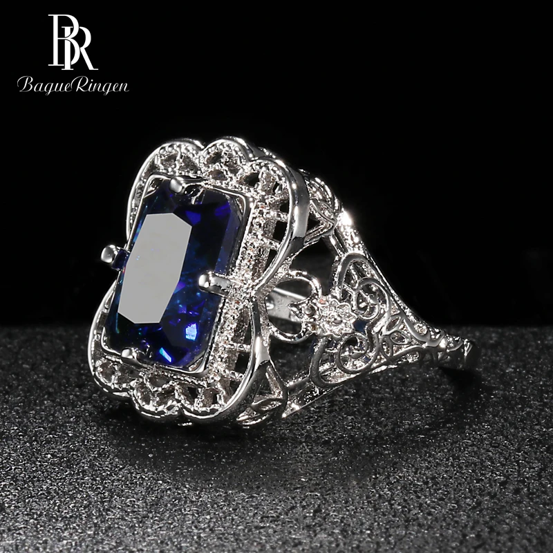 Bague Ringen Дворцовое кольцо с полым узором для женщин, геометрическое сапфировое серебро 925, ювелирное изделие 9*12 мм, драгоценный камень, элегантный темперамент, подарок