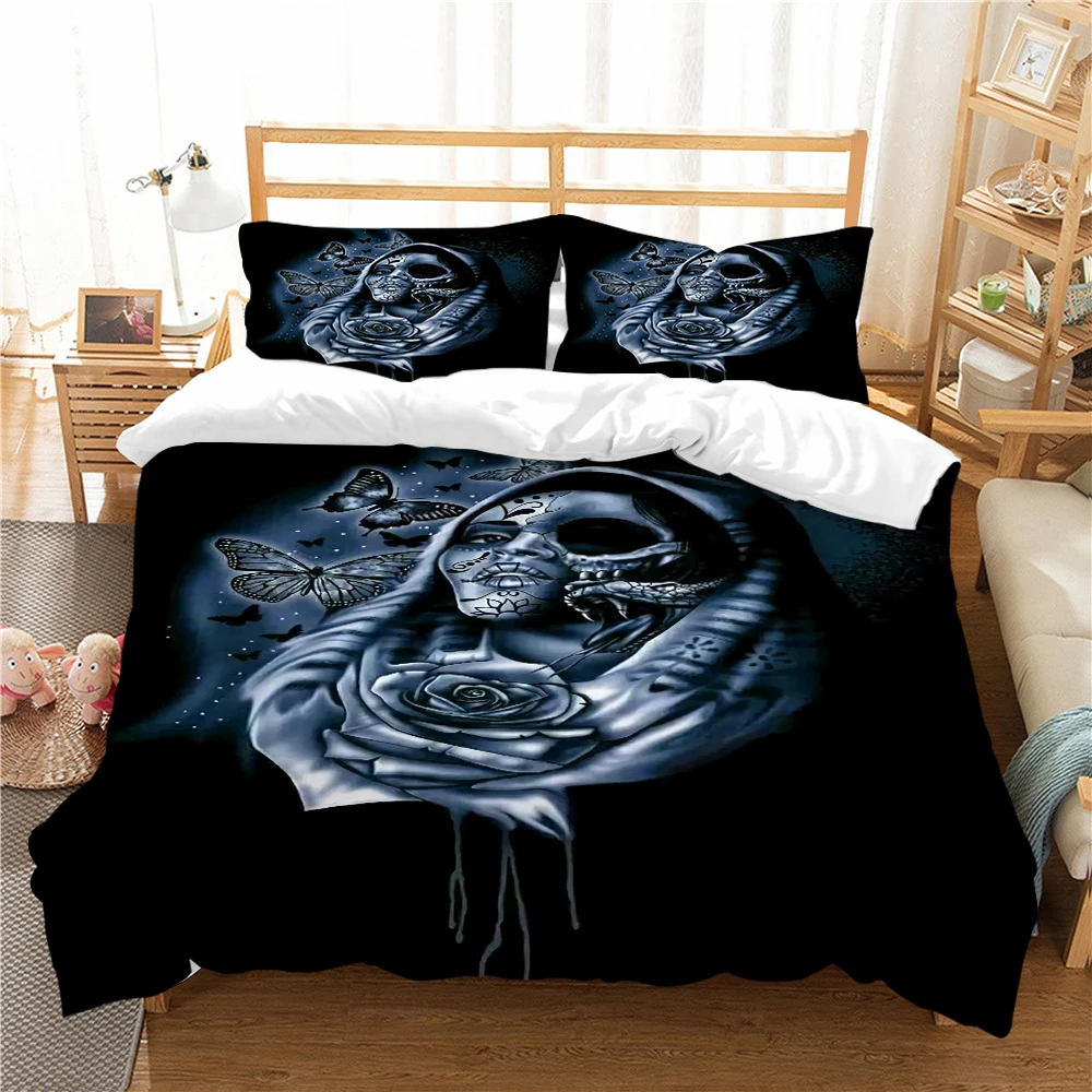 

Комплект постельного белья с изображением черепа на черном фоне