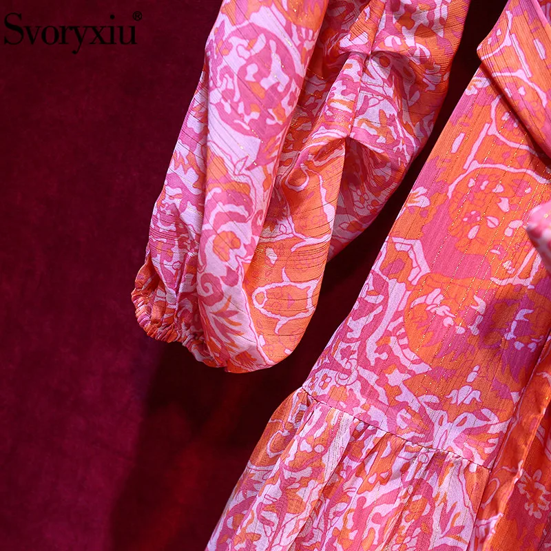 

Svoryxiu Runway Fashion Summer Lantern Sleeve Long Dress Women's Sexy V-Neck Bohemian Flower Print Holiday Dresses Vestdios
