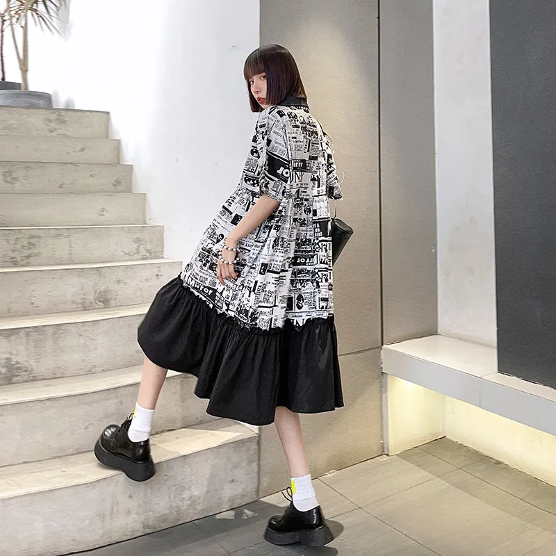 

SeeBeautiful Letter Printed Loose A-line Dress Short Sleeve Single Breasted Stitching Ruffles New Fashion Summer 2021 Women E394