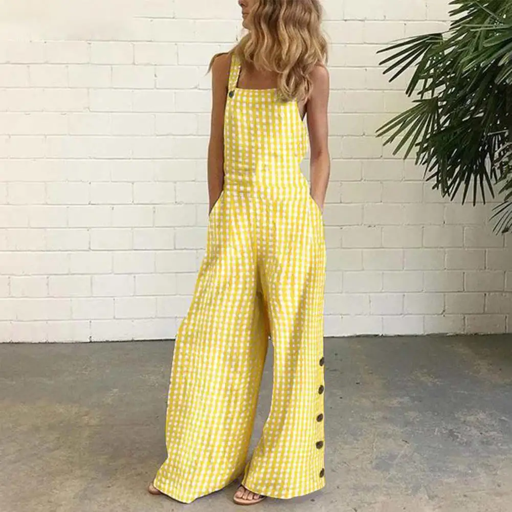 

Women Suspender Jumpsuit Sleeveless Pockets Polka Dots Print Wide Leg Loose Playsuit Dungarees Long Trousers Pants Overalls