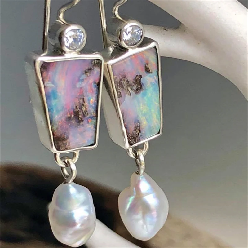 

Ethnic Style Geometric Design Artificial Opal Zircon Earrings Personality Baroque Shaped Pearl Pendant Earrings Jewelry Female