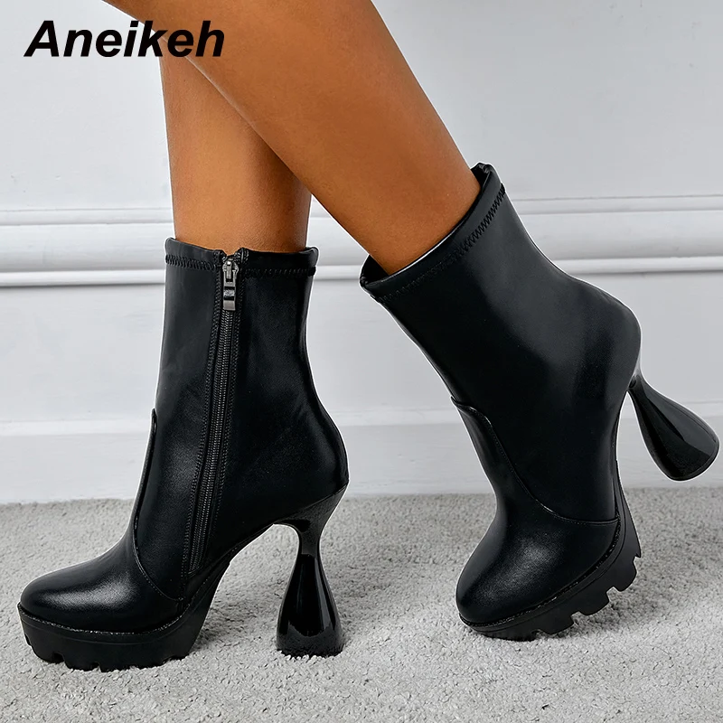 

Aneikeh Fashion PU Round Toe Platform High Heel Punk Chelsea Mid-Calf Boots Zippers Shoes For Women Winter New Botas De Mujer