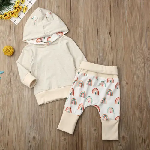 

Newborn Clothes Infant Baby Boy Girl Hooded Tops Rainbow Long Pants Outfit Set Autumn Clothes