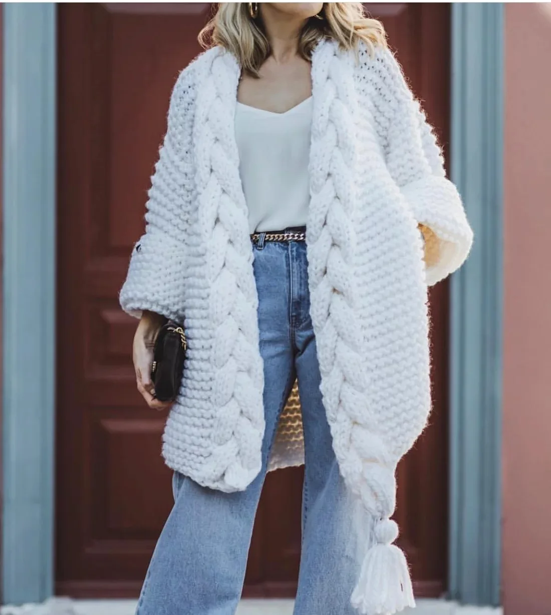 2021 Sweaters Autumn Thick Knit Cardigans Mohair Oversized Long Handmade Fashion Pullovers Scarf Collar Cardigan |