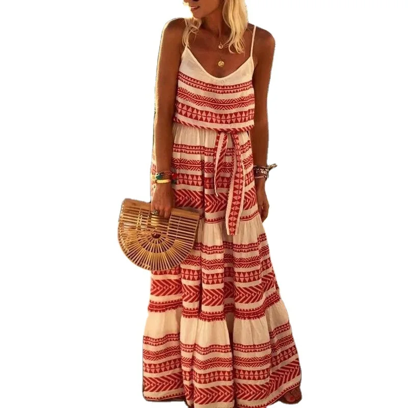 

New Bohemian Deep V-Neck Print Beach Holiday Spaghetti Strap Dresses for Women A-LINE Ankle-Length Woman Dress Donsignet