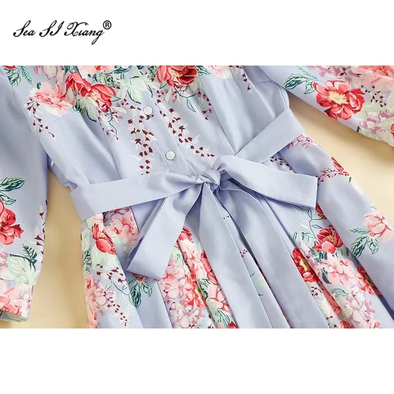 

Seasixiang Fashion Designer Autumn Women Purple Dress Elegant Flower Print Turn-down Collar Lace Up Midi Dresses