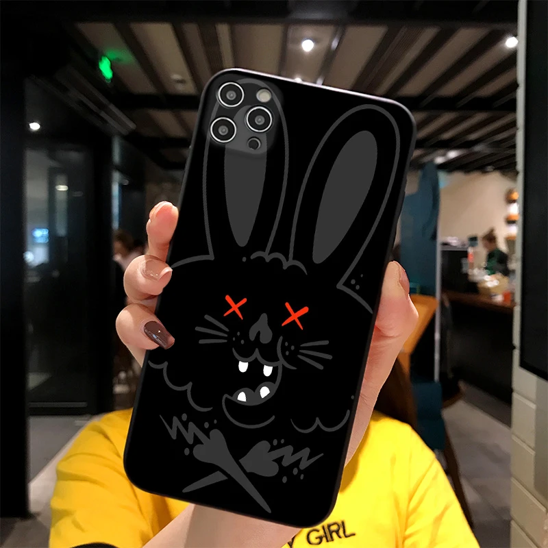 

For iPhone Black Bunny Print Soft Matt Apple Case 6 7 8 11 12 Plus Pro X XR MAX 2021 Cover