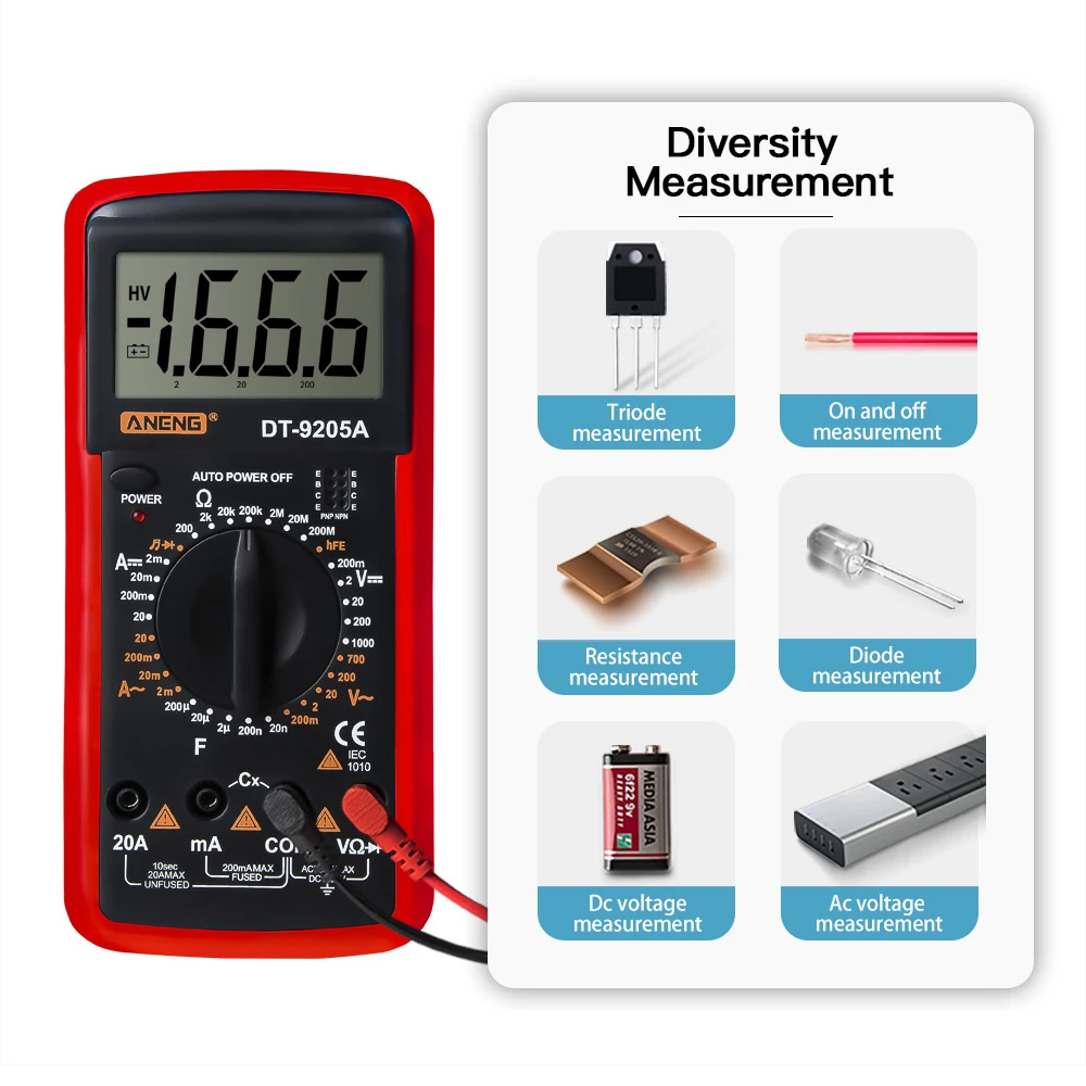 

DT9205A LCD Digital Multimeter Voltmeter Ohmmeter Ammeter Capacitance Tester W/ Test Lead Line DC AC Tester Test