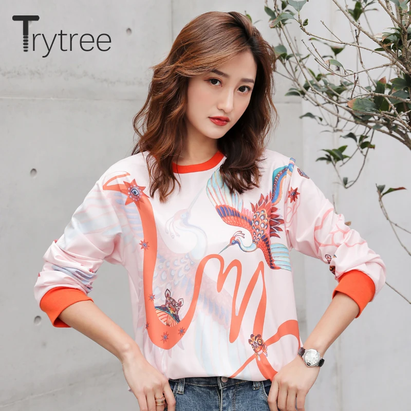 Trytree 2019 осенние женские модные толстовки с принтом Феникс пуловеры круглым