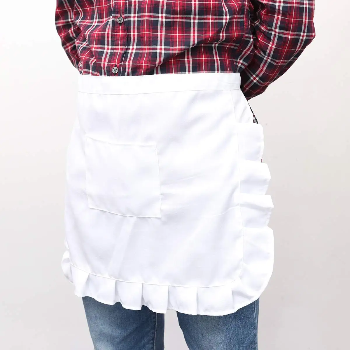 1pcs Kitchen Apron Lace Bib Maid Costume Half Waist With Pocket Kitchen Party Favors For Women Waitress  Black White  A50 images - 6