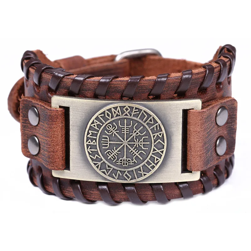

My Shape Wiccan Compass Bracelets Bangles for Men Nordic Runes Odin Symbol Wrap Genuine Leather Bracelet Men‘s Viking Jewelry