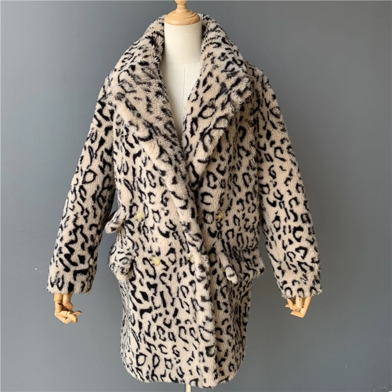 Leopard MAOMAOFUR, Настоящая Шерсть, плюшевое пальто для женщин, новая мода, настоящая овчина, меховая куртка, женская, теплая, негабаритная, зимняя верхняя одежда, шерстяная одежда - Цвет: Leopard
